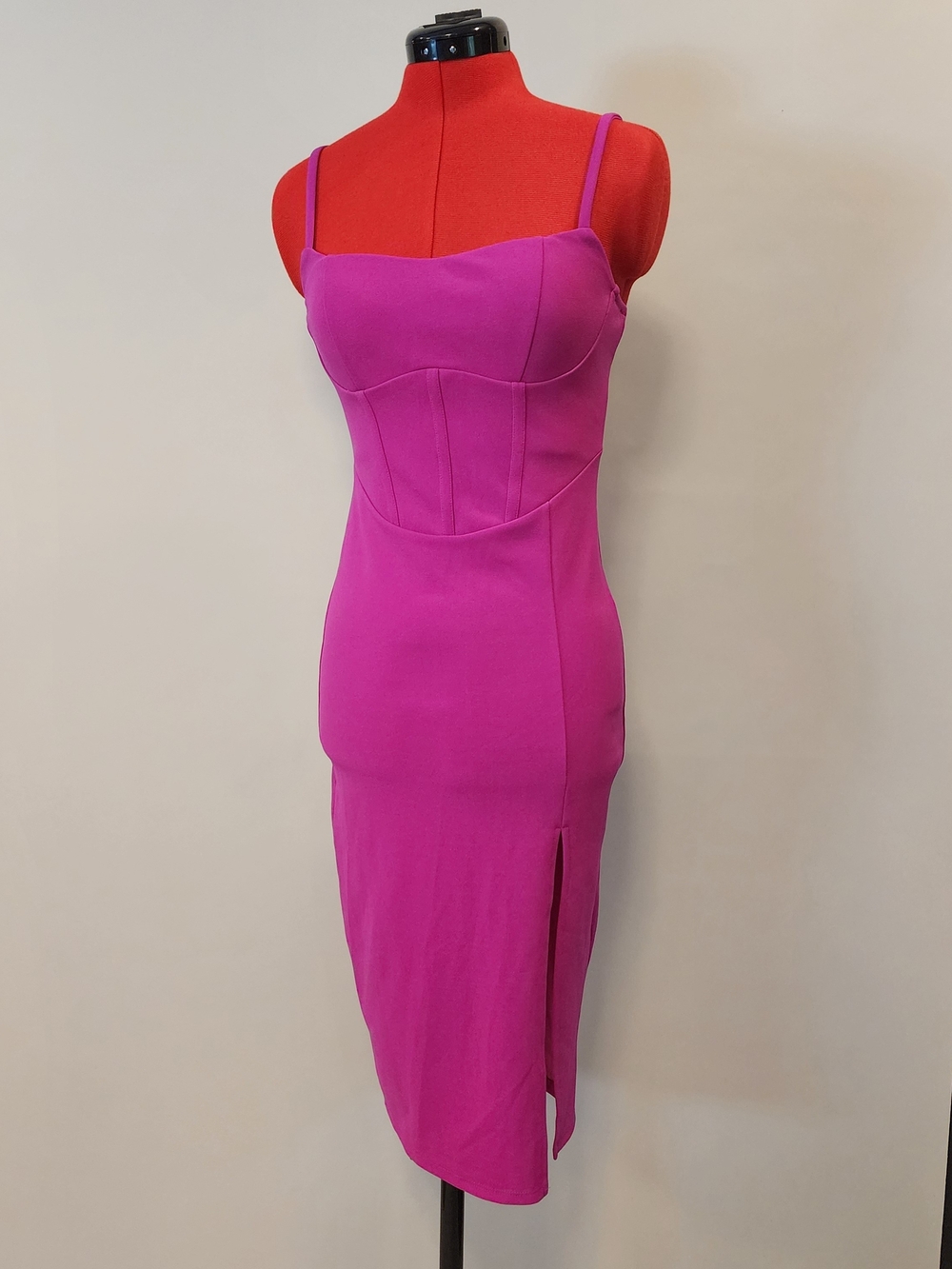 New W/ Tags Sexy Vibrant Magenta Bustier Midi Dress with Side Slit